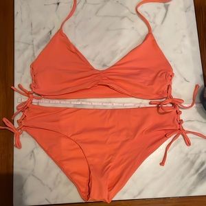 Peach, L space bikini with lace up details on top and bottom, halter top